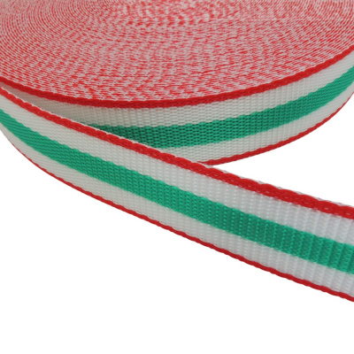 Стропа трехцветная, шир.30мм, цв. красный/белый/изумруд, уп.25м, пл. 17 гр/м